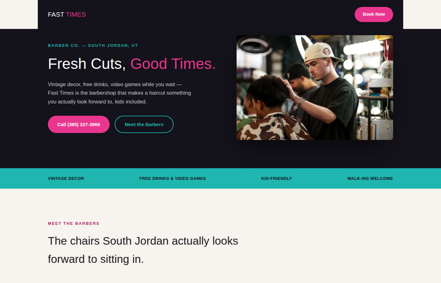 Barbershop website concept, retro neon palette