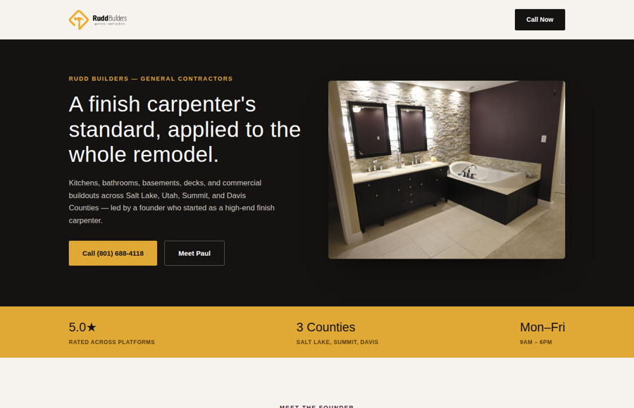 General contractor website concept, charcoal gold and plum palette