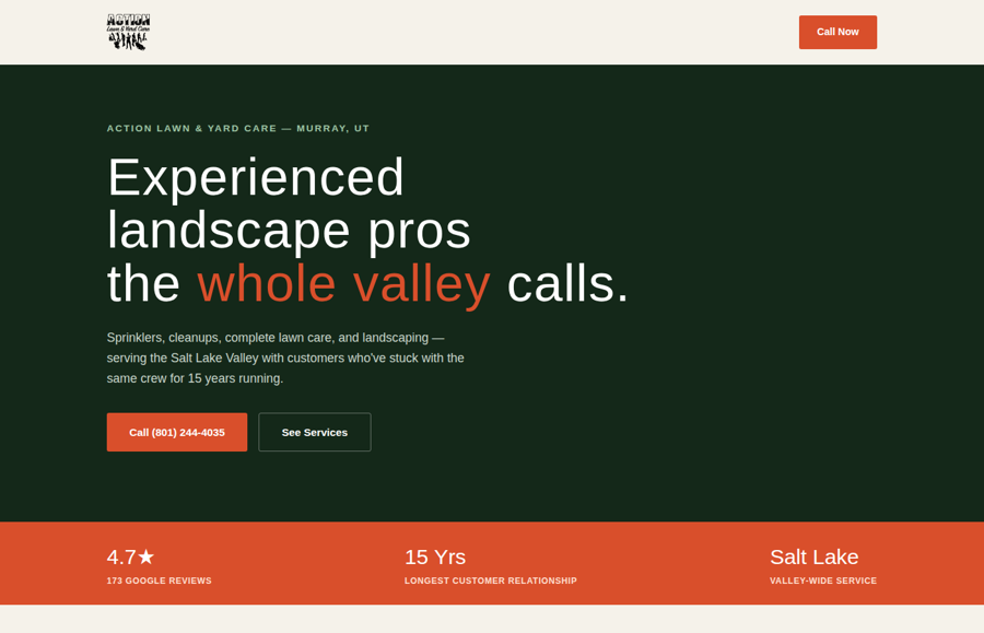 Lawn care company website concept, forest and orange palette