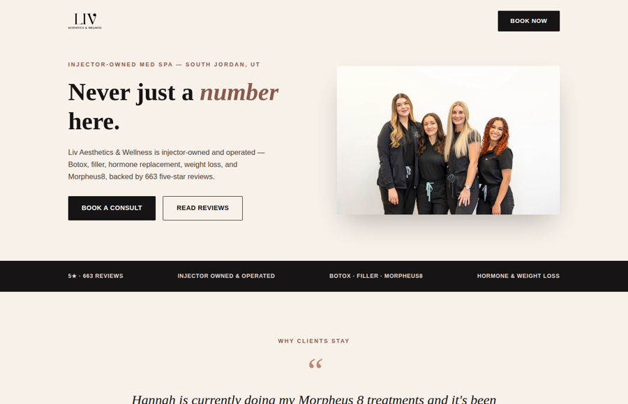 Med spa website concept, black and rose gold palette