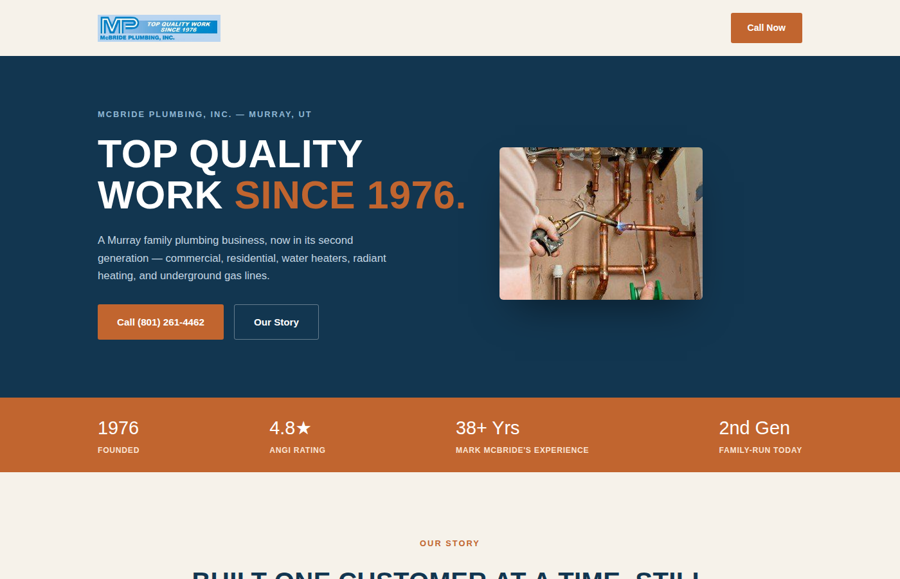 Plumbing company website concept, navy and copper palette