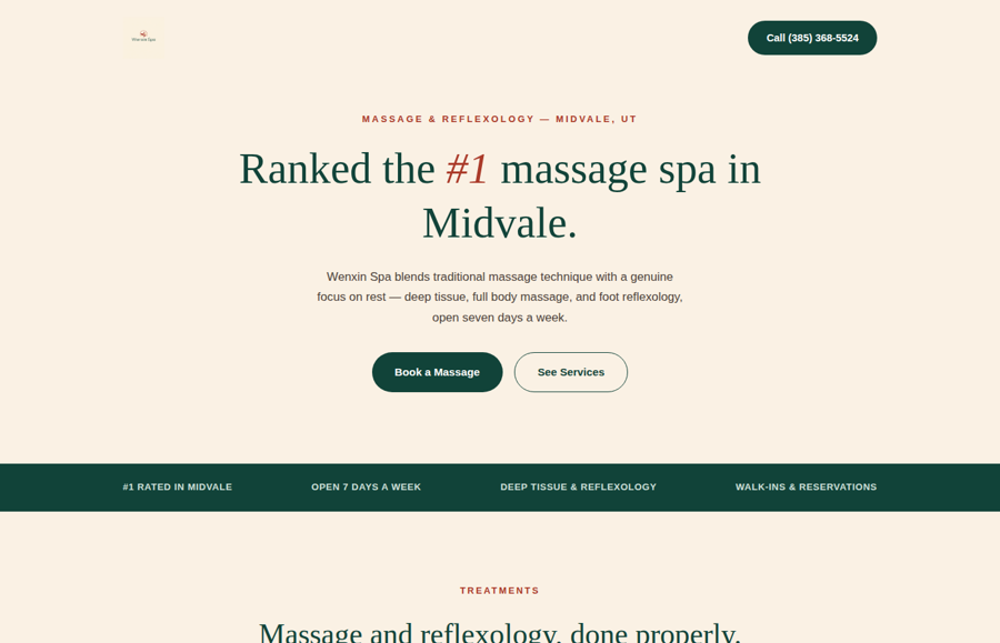 Spa website concept, teal and terracotta palette
